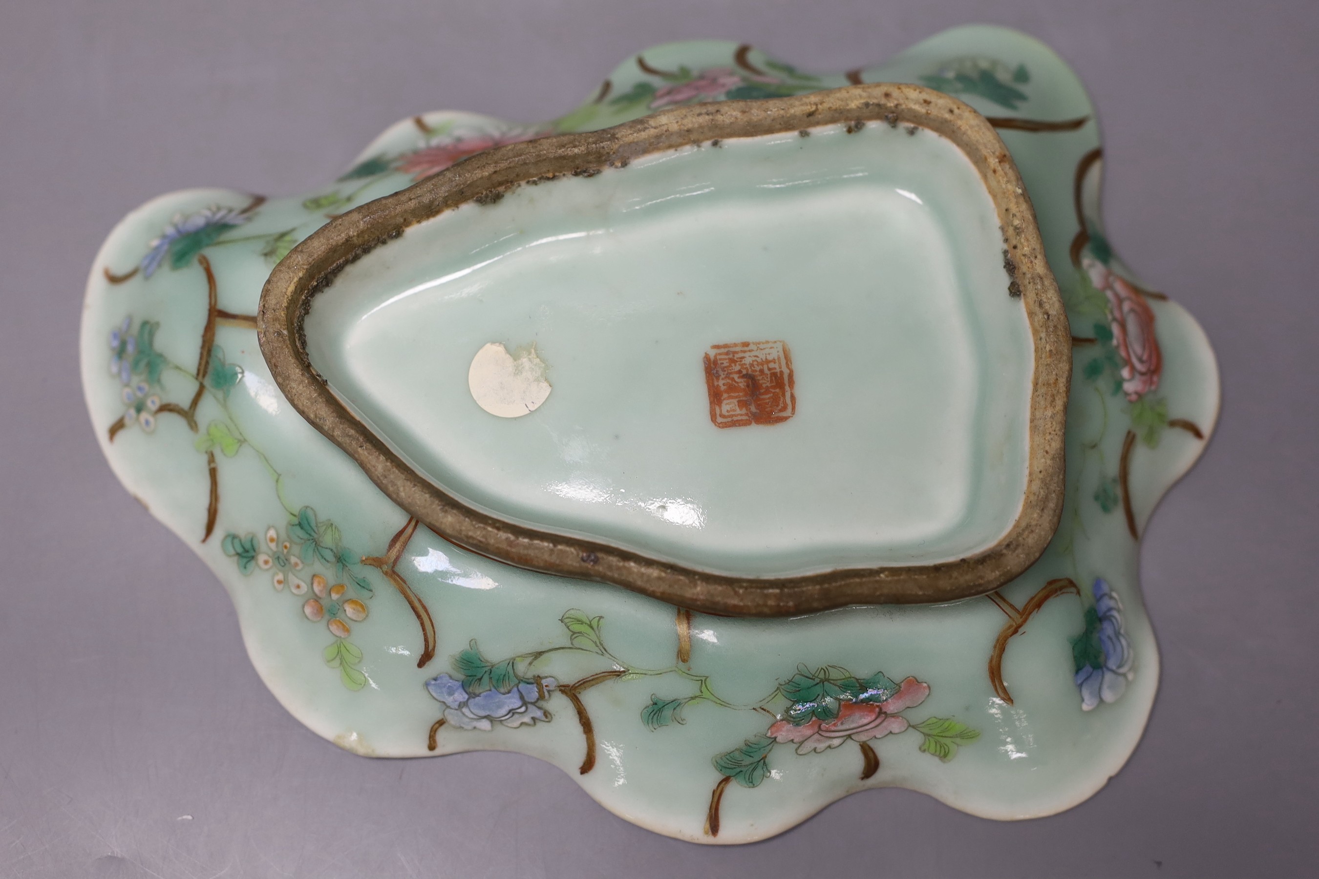 A 19th century Chinese famille rose celadon ground dish - 26.5cm long